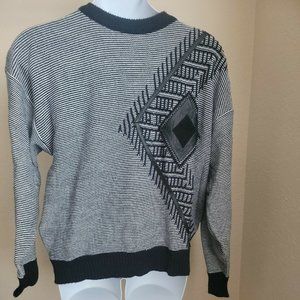 Vtg Men's Urban Works Pullover Sweater Black White w/Leather Trim Size XL